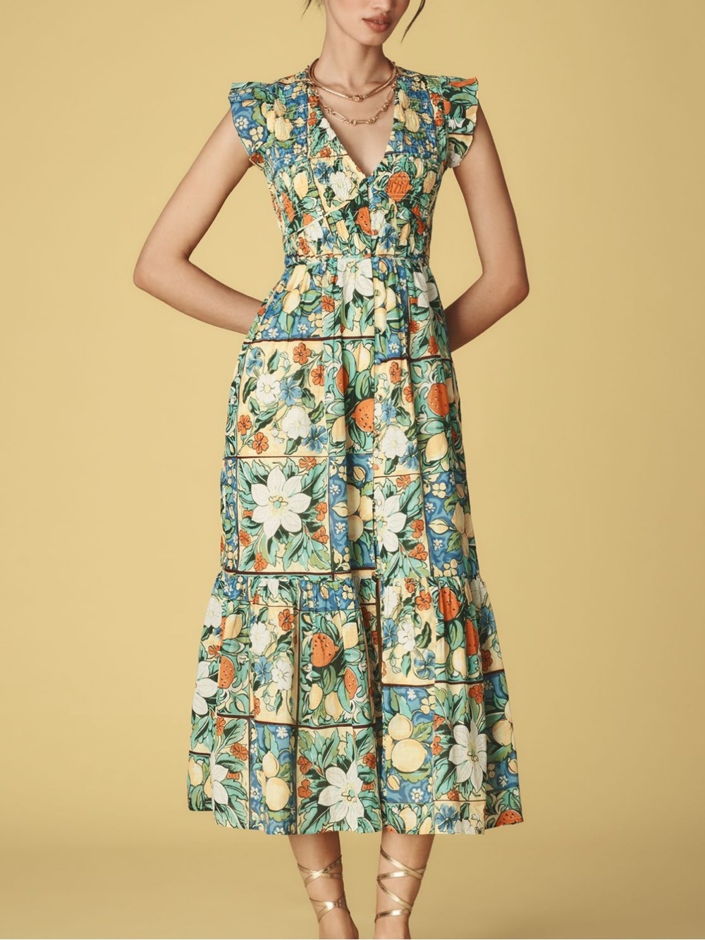 Anthropologie Peregrine Smocked Midi Dress Flutter Sleeve Pockets Button Front L